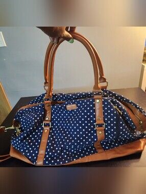 Baosha HB 28 Navy Polka Dot canvad Travel Duffel with Faux Leather Brown Trim XL
